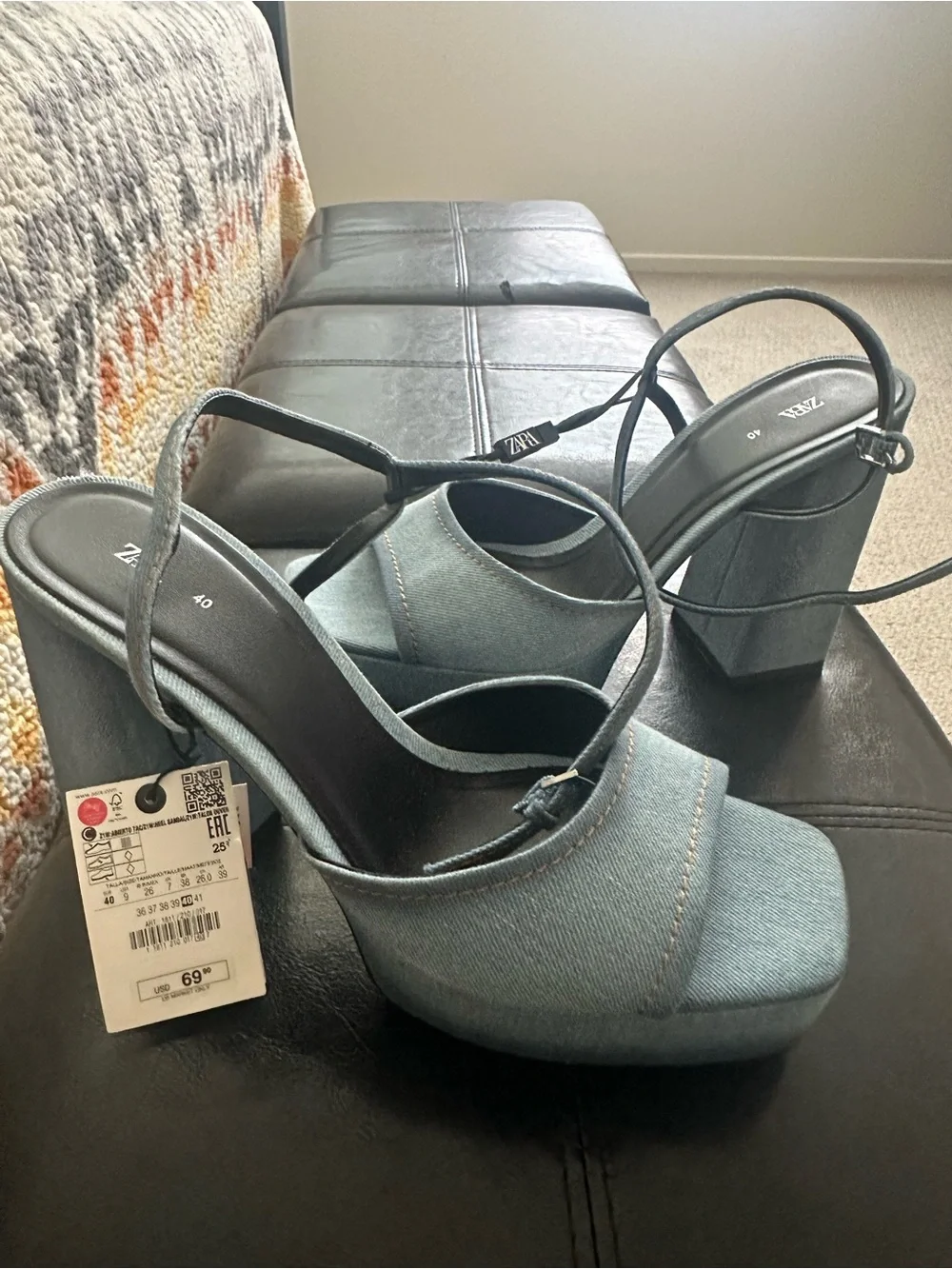 Zara Denim Platform Block Heel Sandal in Light Blue
